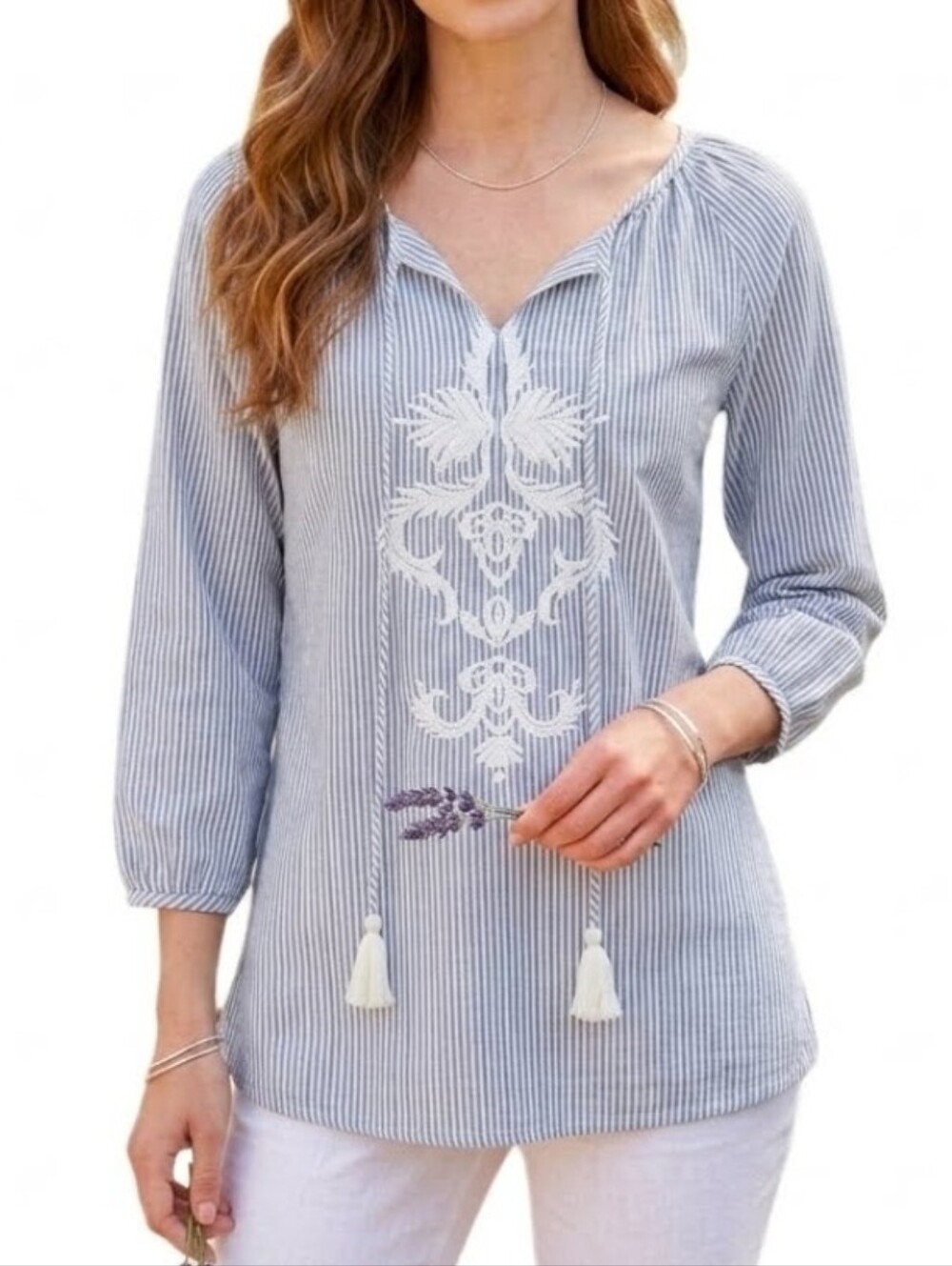 Zara Basic Top Striped Embroidered Boho Peasant Blue Size S